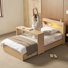 보니애가구 문스테이 LED조명 USB 서랍 수납 호텔 침대 프레임 + 베이직 매트리스 + 베드테이블 세트 방문설치, 네츄럴