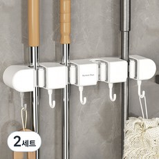 Market Plan 免鑽孔壁掛式清潔工具掛鉤架+壁掛式貼紙2個, 白色, 2套