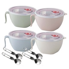 4入組 316不锈鋼隔熱保鮮泡麵碗 1200ML 附上蓋+湯叉匙, 蘇打藍 + 香草綠 + 草莓粉 + 奶昔白, 1箱