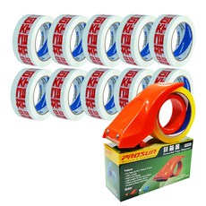 WONJUNTAPE 包裹小心輕放韓文警語膠帶 50m 10捲+封箱膠帶切割器, 白色（膠帶）, 1套