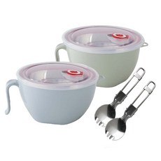 FAmILyLIFE 生活 316不鏽鋼隔熱保鮮泡麵碗 1200ml 2入組 附上蓋+湯叉匙, 1個, 蘇打藍 + 香草綠