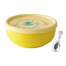 KOM 316不鏽鋼童書聯名兒童隔熱碗含304匙, Guji Guji 黃色, 矽膠蓋 + 碗 + 湯匙, 1組