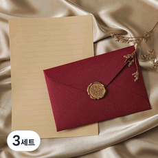 EUMES 亞麻信封 3p + 信紙 10p + 封蠟貼紙 3p 套組, 一般酒紅色, 3套
