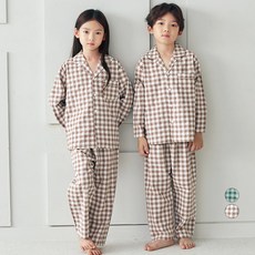 핑코코 아동용 학생 피치기모 노블 사각체크 긴팔 잠옷 상하의 세트