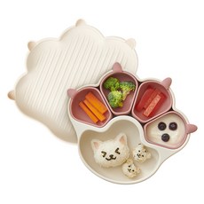 퍼기 유아용 냥냥 흡착 식판 + 뚜껑 겸용 플레이트 세트, 드라이로즈(식판), 아이보리(접시), 식판 + 접시, 1세트