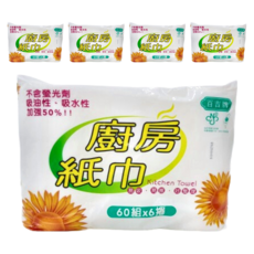 百吉牌 廚房紙巾, 捲筒式, 60組x6捲, 不含螢光劑, 吸油性吸水性加強50%, 6捲, 5袋