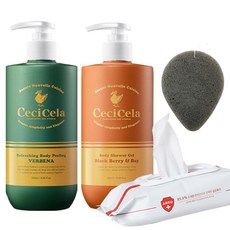 CeciCela 馬鞭草去角質凝膠 500ml+黑莓香氛沐浴露 500ml+蒟蒻沐浴海綿+掀蓋式濕紙巾 80枚裝, 1套