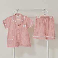 Jjiniya 女童透氣路易格紋翻領純棉短袖睡衣上下套裝