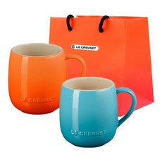 르크루제 레인보우 마시멜로 머그컵 380ml 2p + 쇼핑백 S(29 x 28 x 13.5 cm) 세트, 주황 + 캐리비안블루, 1세트