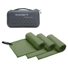 4monster 超細纖維毛巾 大尺寸 3入 + EVA收納盒組, 苔綠色, 1套