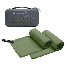 4monster 超細纖維毛巾 大尺寸 2入 + EVA收納盒組合, 苔綠色, 1套