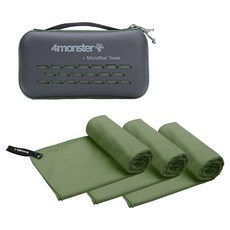 4monster 超細纖維加大毛巾 3入 + EVA收納盒組, 苔蘚綠, 1套