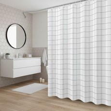 애니원픽 모던 방수 욕실 체크 샤워커튼 + 커튼링 세트, 화이트 체크, 1세트