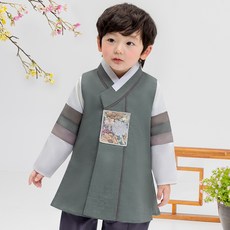 金童男孩卡其色方布兒童韓服套裝 AM143