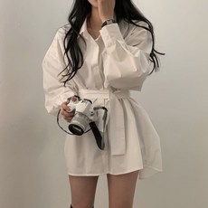 PEONIST 女款綁帶襯衫式翻領迷你連身裙, 白色