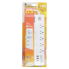 FONG HUA 崶華 按壓式6開5插氮化鎵PD37W延長用電源線組 3孔 1.8M, 白色, 1條