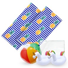 度假組合沙灘巾 1500 x 700mm 2入+球1入+杯子造型泳圈2入+透明收納袋1入, 2個, 鳳梨