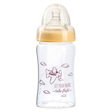 PiYOPiYO 黃色小鴨 寬口晶鑽玻璃奶瓶，耐高溫不易破裂，防脹氣設計，安全無毒矽膠材質, 黃色, 180ml, 1個