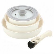 QUEEN SENSE Dore 電磁爐適用 鍋具五件組, 米白色, 鍋子18cm+鍋子20cm+平底鍋24cm+矽膠鍋蓋+可拆式手柄, 1組