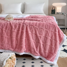 寢室安居 塔芙絨 + 羊羔絨 韓系3D立體緹花 抗靜電保暖毯被, 櫻桃粉, 1.6kg, 1條