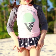 女童長袖防曬泳衣套裝, M, 夏日冰淇淋, 可愛風兒童泳裝, 海灘必備