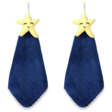 星星造型珊瑚絨擦手巾2入組-藍色，柔軟吸水，附掛繩，浴室可愛裝飾, 1組