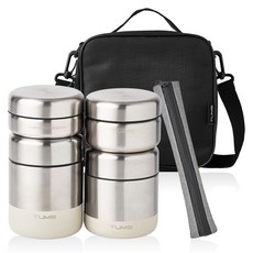 TUMS 全不鏽鋼保溫便當盒容器 410ml+300ml+小菜容器 280ml+200ml+筷子+筷子盒+便當包組, 1個, 摩卡灰