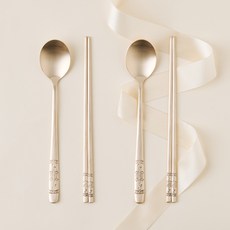 Obooja Yugi 韓國產手工鍛造銅器 銅製雲龜餐具 2人組, 銅色, 湯匙 2p + 筷子 2p, 1套