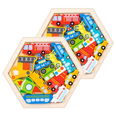 木製六角拼圖 造型拼圖 交通工具 12入, 1組, 15片