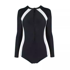 成人拉鍊連體泳衣, M~2XL, 無鋼圈, 有襯墊, 黑底白條
