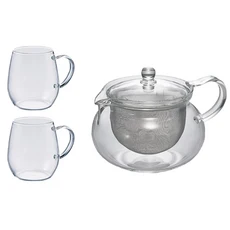 HARIO 好璃奧 茶茶急須丸茶壺杯盤組, 茶壺 + 茶杯2個, 透明色, 1組