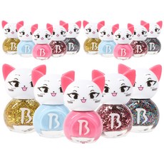 Bablie 兒童美甲 貓咪閃亮指甲油5件組, 天空藍+粉色+金色亮片+粉色亮片+彩色亮片, 3組