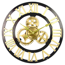 iINDOORS 北歐工業風時鐘 金色齒輪 免鑽孔掛勾 超靜音機芯, 金 + 黑色