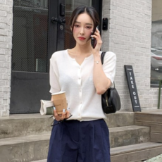 시크블랙 여성용 비리츠 데일리 컬러 반팔 가디건 CD1893K23