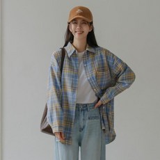 女款Hoiju寬鬆版格紋襯衫, 天空藍