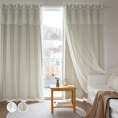 CARREDECO Dimanche 大型遮光窗簾 2片 + Margaret 蕾絲窗簾 2片 組, 餅乾色(遮光窗簾)