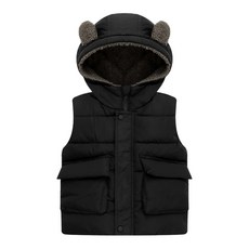 兒童秋冬羽絨熊耳朵背心, 建議身高90~100cm, 黑色, 90碼(90-100cm)