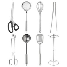 VILIVIN 不銹鋼料理用具8件組 湯勺 + 撈沫勺 + 鍋鏟 + 攪拌器 + 廚房剪刀 + 廚房料理夾 + 剪刀型料理夾 + 收納架 銀色, 1組