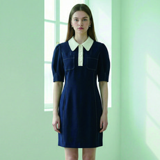OLIVE DES OLIVE 女款圓領撞色翻領修身迷你連身裙, 深海軍藍