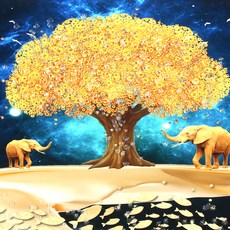 立體方塊浮雕大象發財樹畫框, 金色