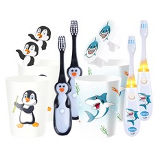 Vibright 兒童角色 LED 定時牙刷杯架白企鵝+白鯊套組, 2組