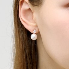 SEMI JEWELRY 女性用 14k 施華洛世奇 珍珠 方晶鋯石 直針 日常耳環 10mm 大款