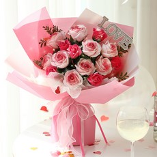 뷰티풀데코센스 LED 대형 꽃다발 비누꽃 장미 + 토퍼 3종 + 전구 세트 + 쇼핑백, 핑크, 1개