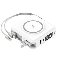 萬國充 磁吸自帶線支架行動電源 15000mAh 水晶白 自帶AC插頭/Type-C/Lightning充電線 磁吸無線充電, F11