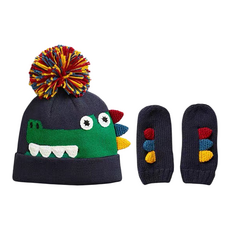 G&E 兒童保暖毛帽 + 新款-手套 Set M 針織, 鱷魚 深藍色