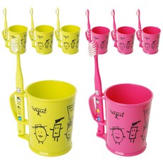 加寬雙人牙刷杯2p+牙刷2p套組粉色+黃色3-5歲, 4組