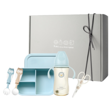 PUKU 藍色企鵝 飽飽午茶副食品入門禮盒 P11539-299 寬口PPSU練習奶瓶 + 陶瓷食物剪 + 分隔矽膠餐盒 + 學習湯叉組