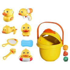 洗澡玩具8件 + 收納桶組, 小鴨 黃色, 1組