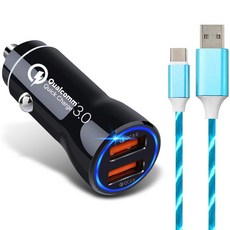 디씨네트워크 베네치아 퀵차지3.0 듀얼 차량용 고속 충전기 시거잭 + LED 고속충전케이블 C타입 2M, 충전 시거잭(PL-X3), 충전 케이블(단일 상품), 시거잭(블랙), 충전 케이블(색상랜덤)