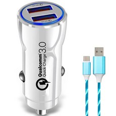 디씨네트워크 베네치아 퀵차지3.0 듀얼 차량용 고속 충전기 + LED 고속충전케이블 C타입 2M, 충전 시거잭(PL-X3), 충전 케이블(단일 상품), 시거잭(화이트), 충전 케이블(색상랜덤)